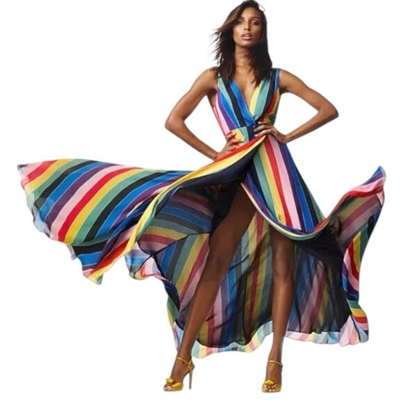 AQUA Women’s Size XS Rainbow Striped Layered Chiffon Maxi Wrap Dress - Picture 1 of 12